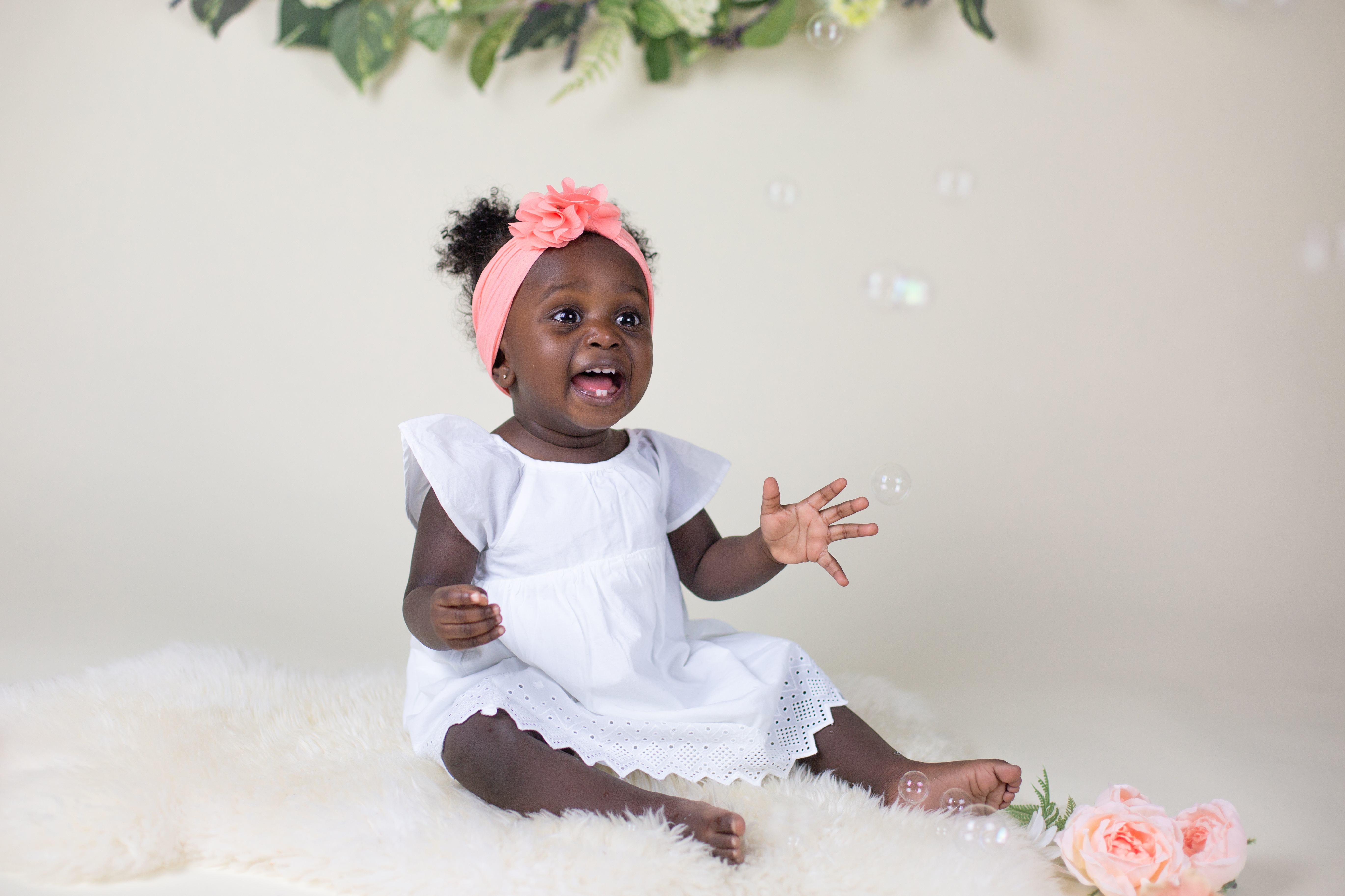 cake smash black African American baby girl in white farmington ct with soap bubbles
