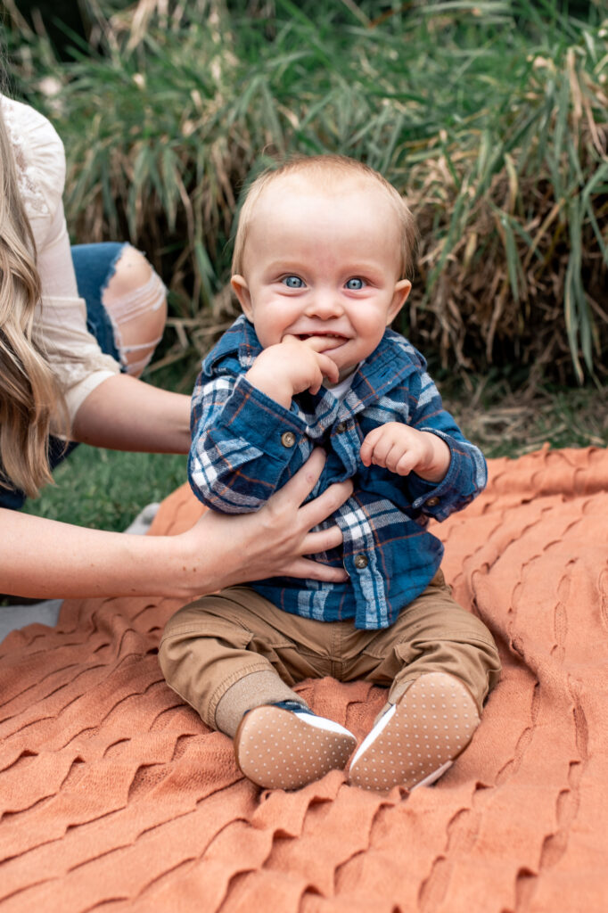 cute baby 9 months milestone fall session rusty and blue gray eyes photography near me