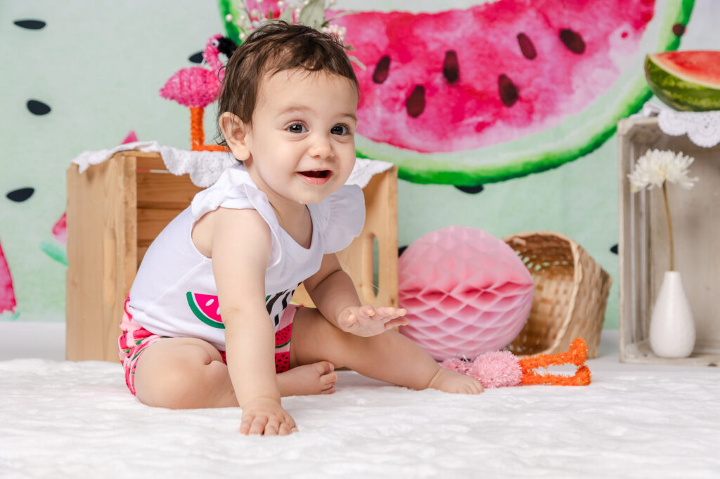 watermelon baby cake smash girl pink and green outfit photography baby
