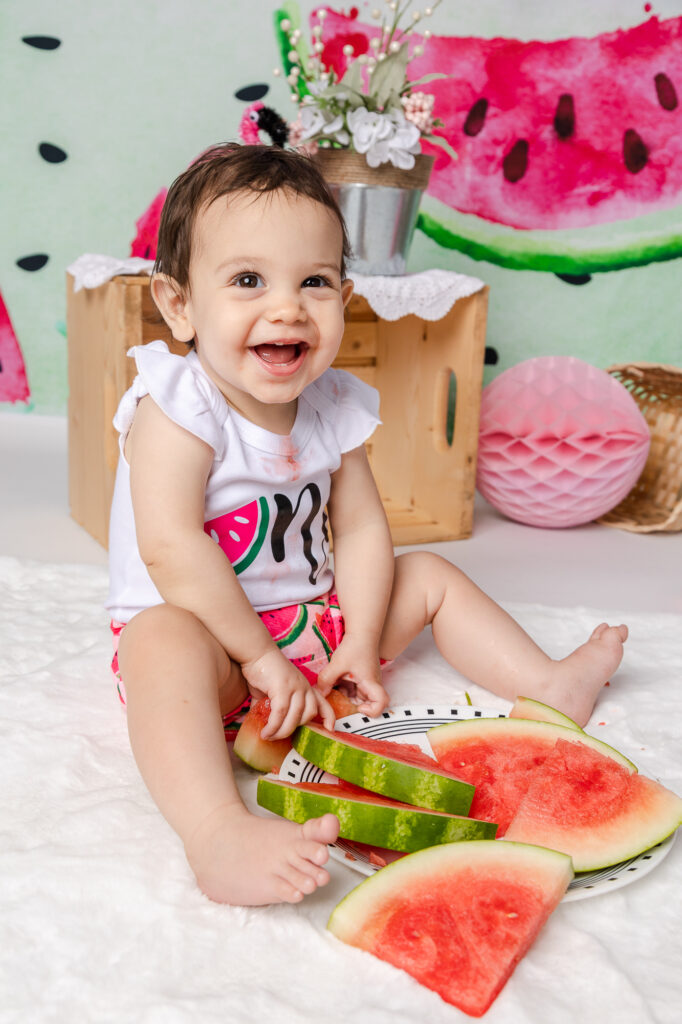 watermelon cake smash baby laugh and eat watermelon girl in pink and green
