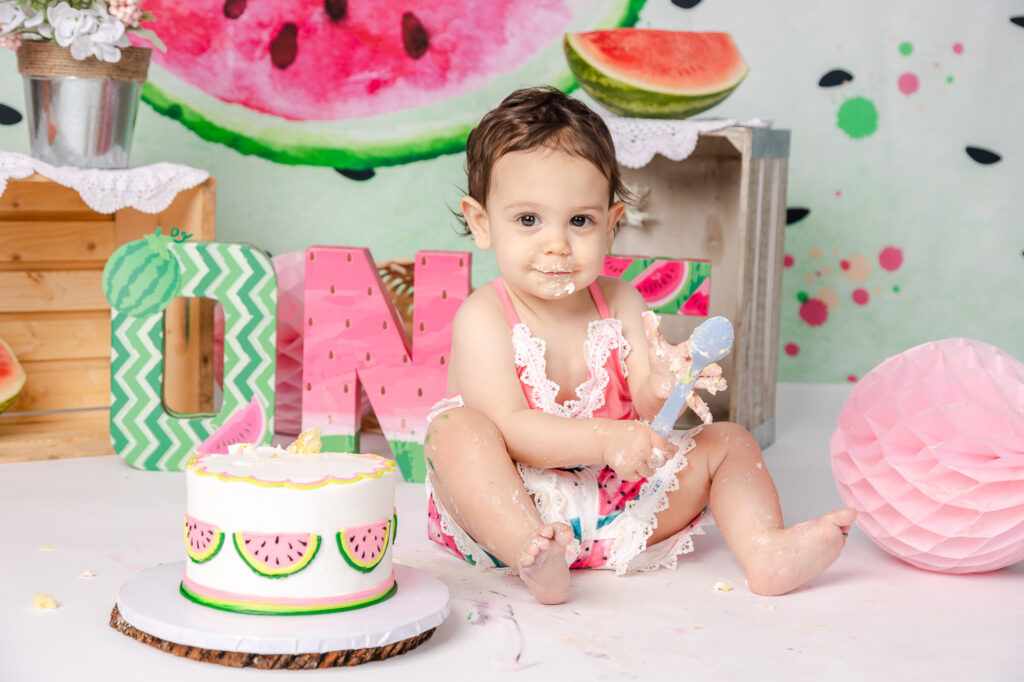 Watermelon baby girl Cake Smash  decorations and cake cute outfit photography 