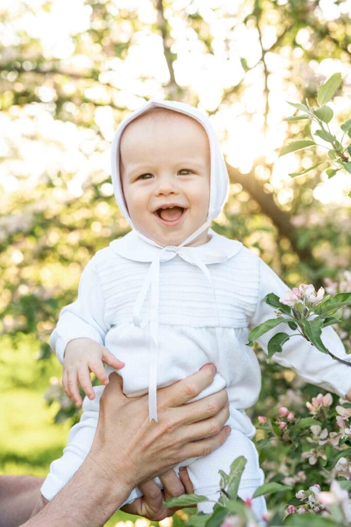 baby milestone outdoor session, baby baptism photoshoot in apple orchard, baby milestone spring mini session Avon CT
